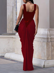 Fashion Patchwork Velvet Sleeveless Stacked Ruched Maxi Dress