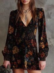 Elegant Floral Print V-neck Cinched Waist Mini Dress