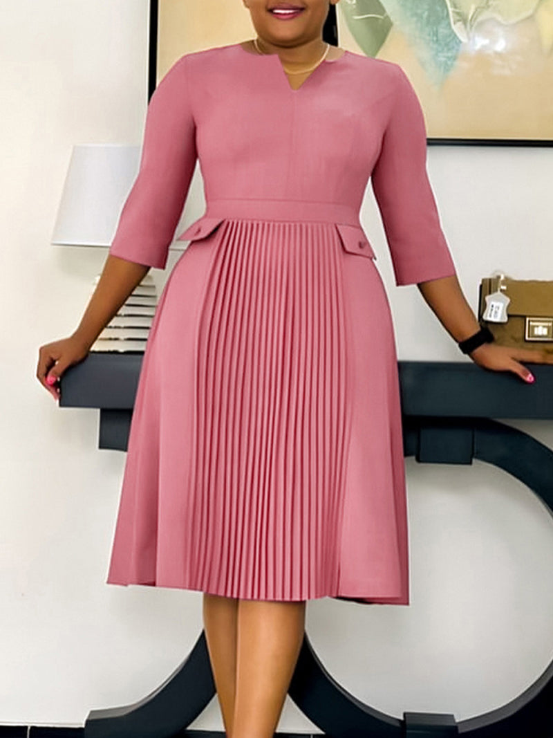 Business Casual Round Neck Slim Pleated Midi Dress