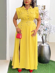 Elegant Sleeveless Shirt Top Slit Skirt Set