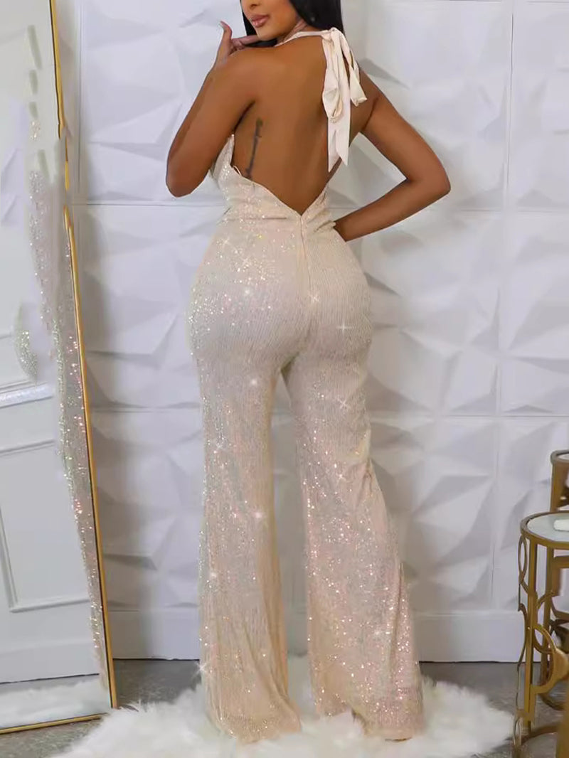 Sexy Sequin Halter Backless Jumpsuit