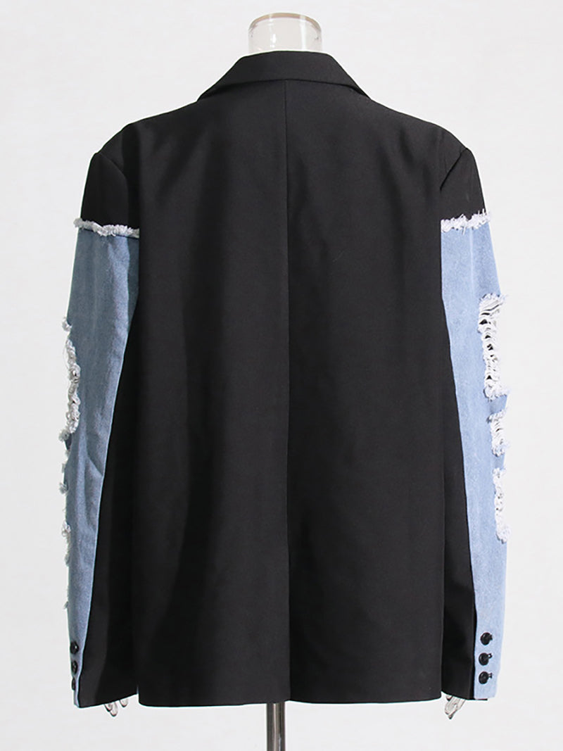 Denim Stitched Single Breasted Loose Long Blazer