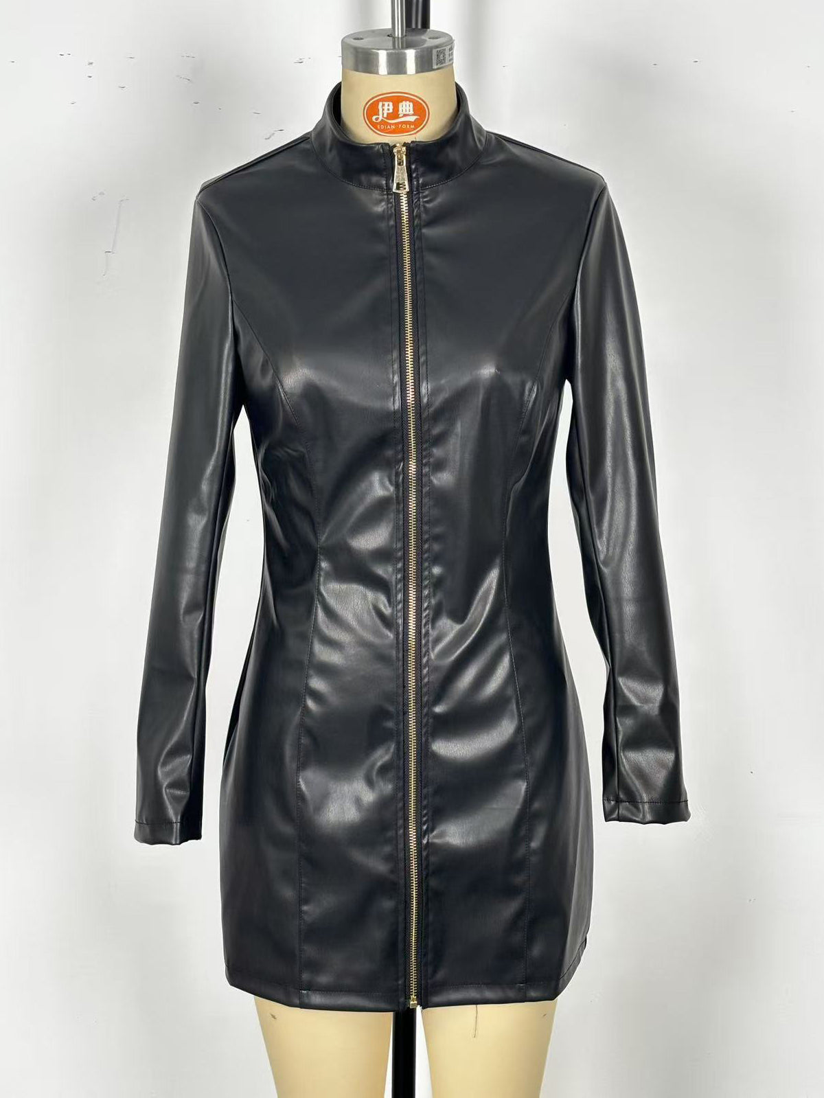 Fashion PU Leather Front Zipper Bodycon Dress