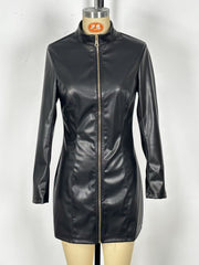 Fashion PU Leather Front Zipper Bodycon Dress