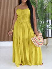 Sexy Spaghetti Strap Backless Sleeve Ruched Maxi Dress