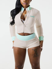 Casual Letters Zipper Embroidery Tops Shorts Sets