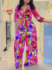 Fashion Print Bandage Shirt Wide Leg Trousers Sets