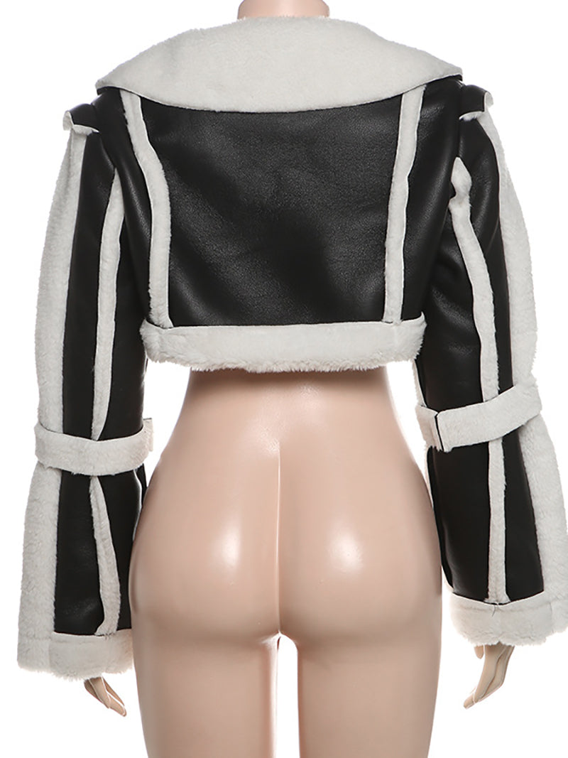 Fashion PU Leather Splicing Fur Collar Cropped Jacket