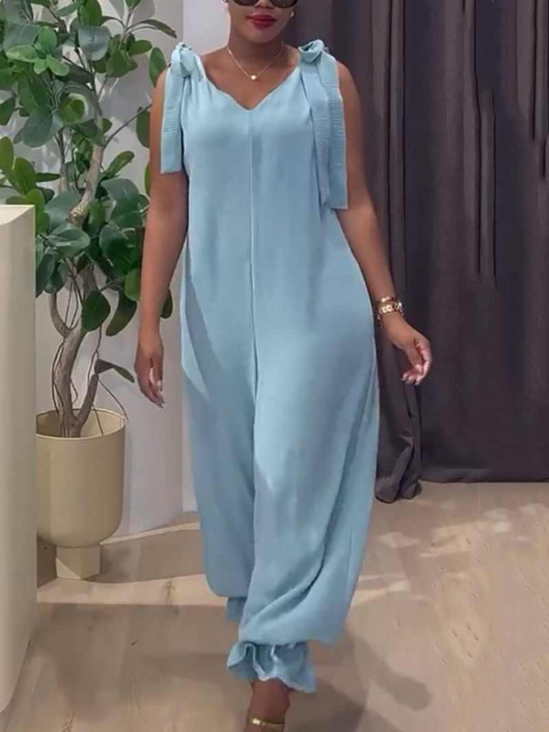 Casual Sleeveless Bow Shoulder Strap Jumpsuit