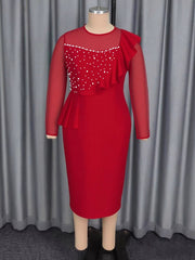 Crewneck Mesh Long Sleeve Ruffle Bodycon Midi Dress