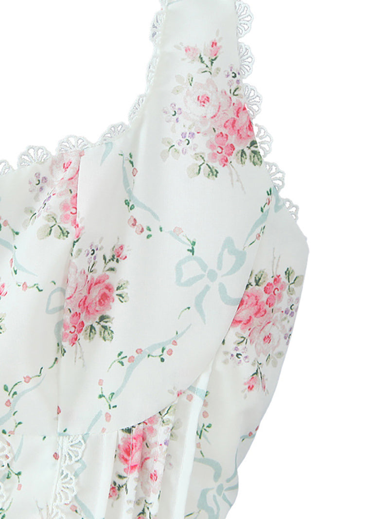 Fashion Floral Print Lace-Trim Ruffle Mini Dress
