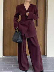 Elegant Blazer with Belt and Wide Leg Pants Suit