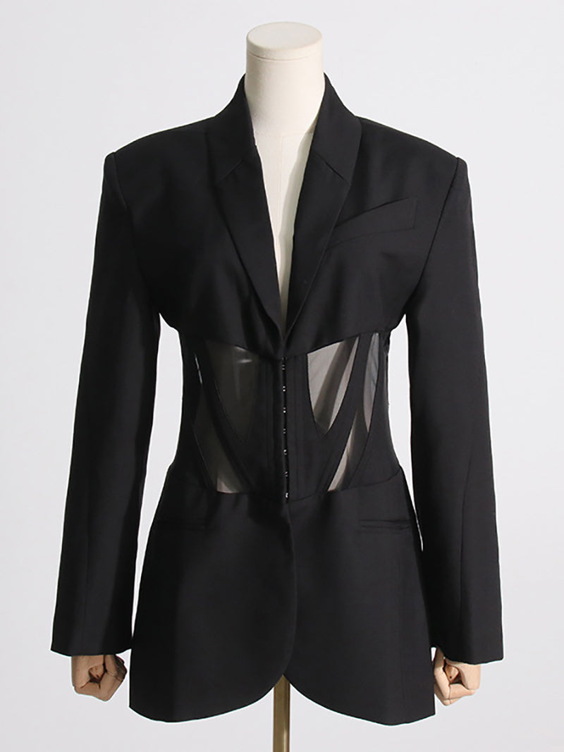 Solid Spliced Sheer Mesh Tunic Blazer