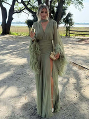 V Neck Feather Cuff Slit Maxi Dress-boutique