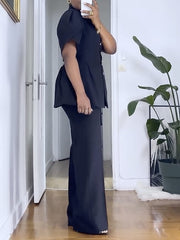 Single-breasted Cinched Waist Shirt Straight Pants Set