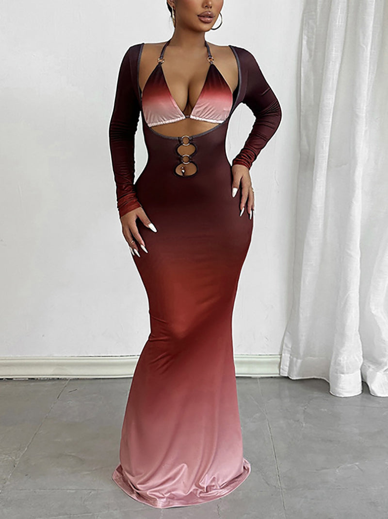 Gradient Metal Ring Backless Maxi Dress Sets