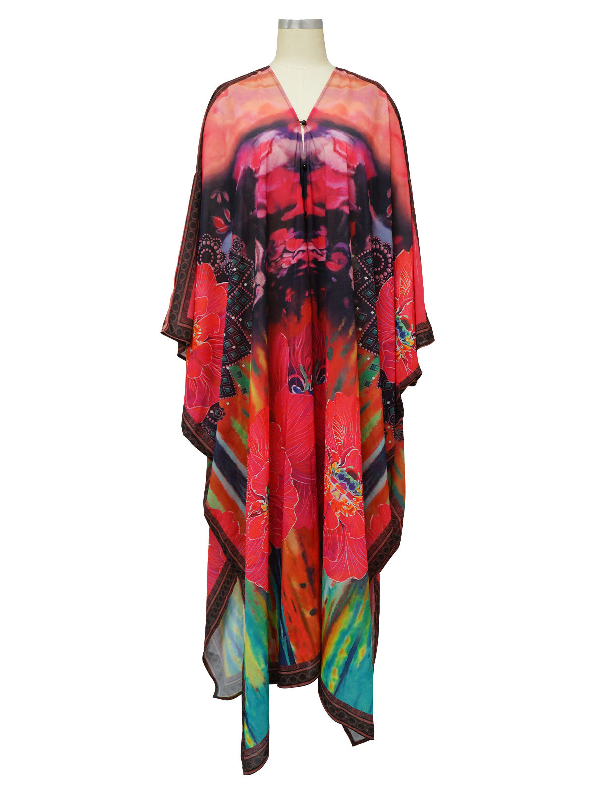 Fashion See-Through Chiffon Print V-neck Dress