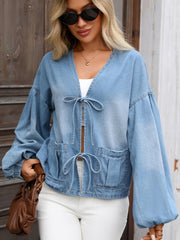 V Neck Tie Front Distressed Denim Blouse