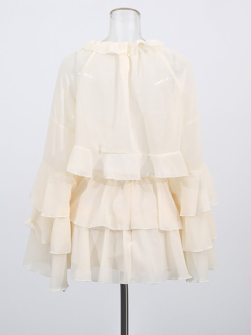 Sexy Ruffle Sheer Mesh Shirt And Mini Skirt Set