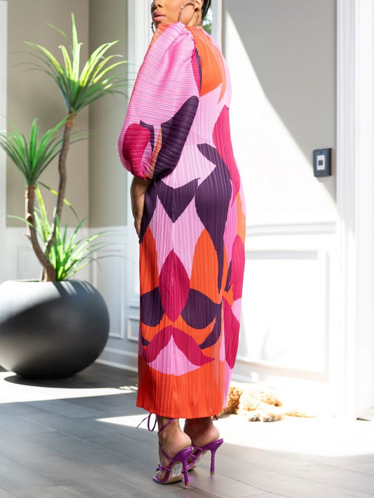 Print Ruched Lantern Sleeve Maxi Dress