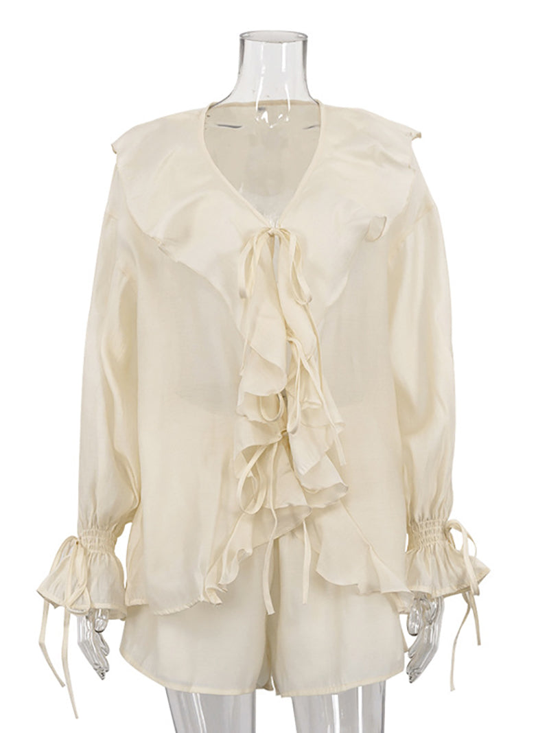 Casual Ruffles Shorts V Neck See Through Sets