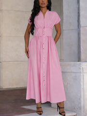 V Neck Button Waist Midi Dress