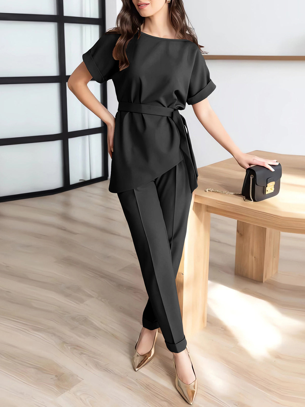 Casual Round Neck Asymmetry Tops Trousers Set