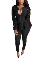 Sexy Zipper Ruffles Top And Pants Suit Set