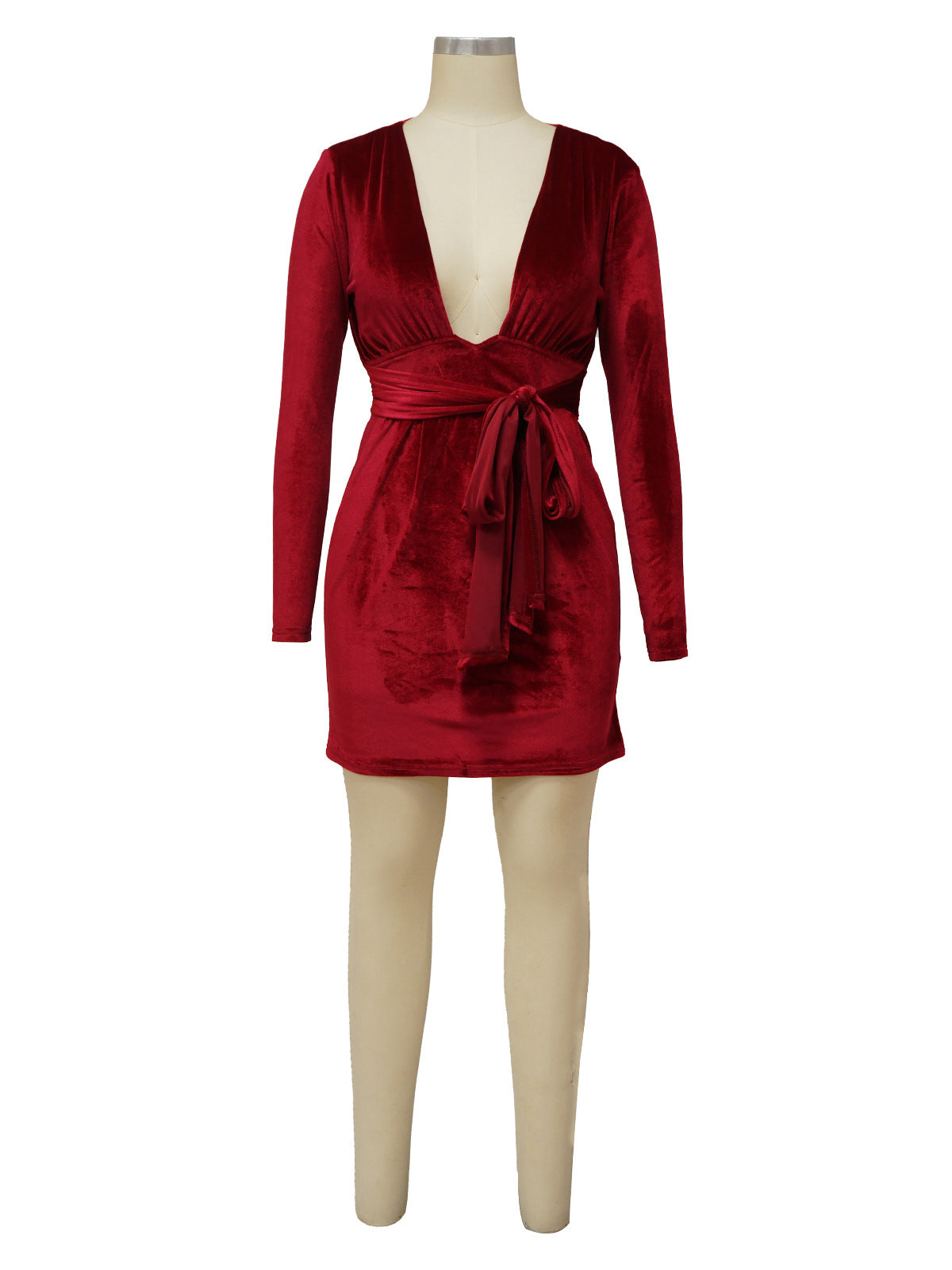 V Neck Long Sleeve Bandage Bodycon Velvet Midi Dress