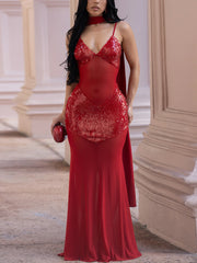Sexy Elegant Sequin Sheer Mesh Suspender Gown Dress