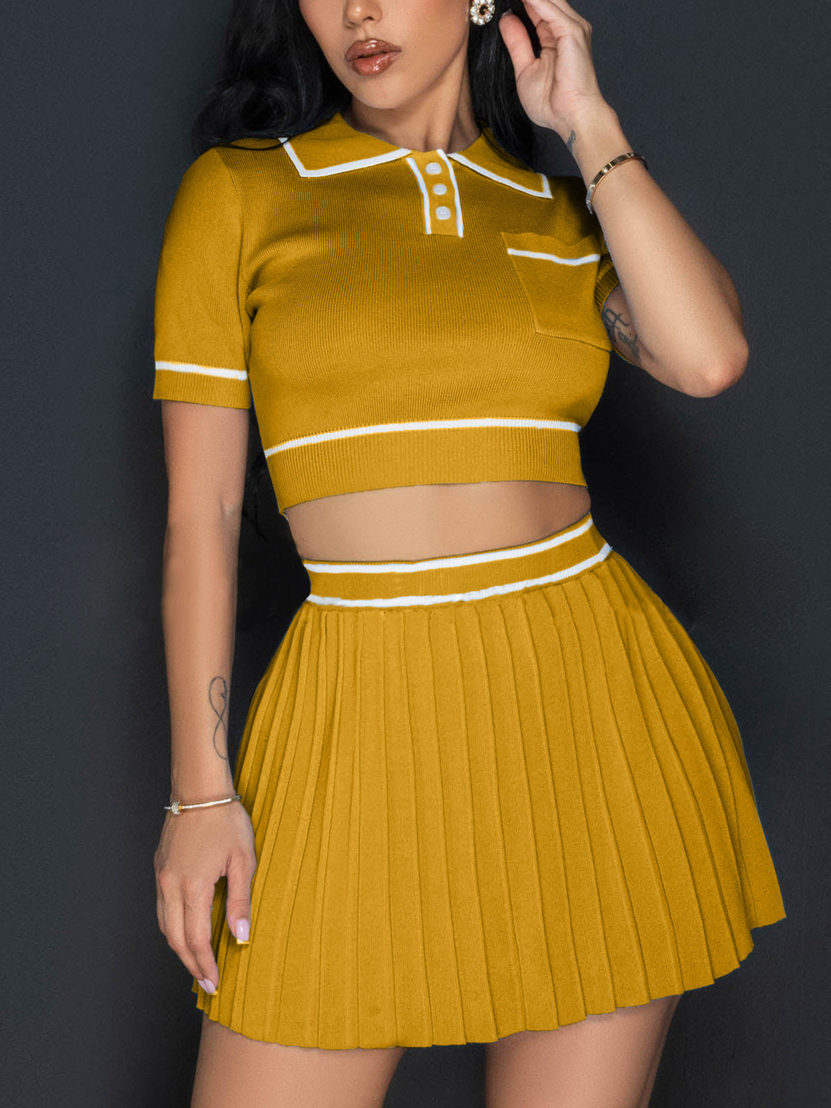 Knit Short Sleeve Crop Tops And Pleated Mini Skirt Sets