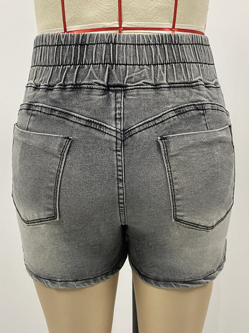 Casual Elastic Waist Lace-Up Denim Shorts