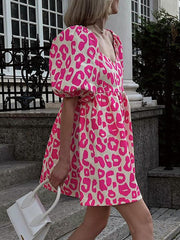 Casual Puff Sleeve Loose Print Mini Dress