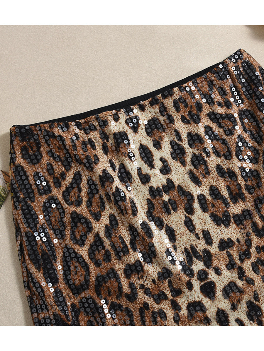 Sexy Leopard Print Sequin Maxi Skirt