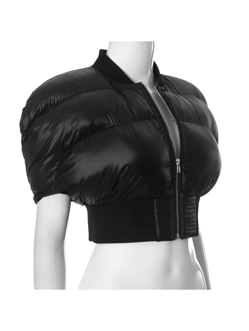 Black Cropped Short Sleeve Puffer Jackets Coats