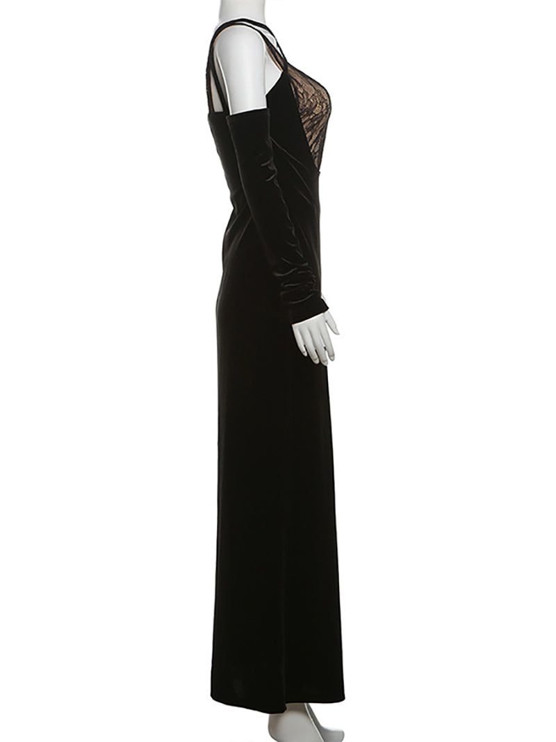 V-Neck Lace Velvet Glove Slim Maxi Dress