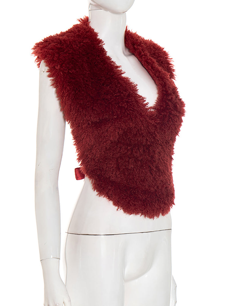 Sexy Halter Backless Lace-up Furry Vest Top