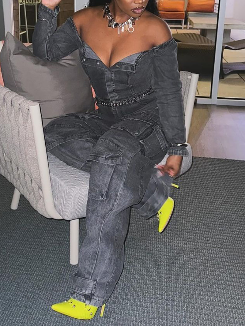 Casual Off Shoulder Denim Cargo Jumpsuit