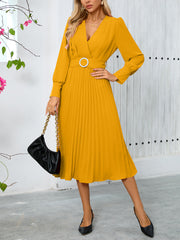 Graceful V-Neck Long Sleeve Belted Midi Dress