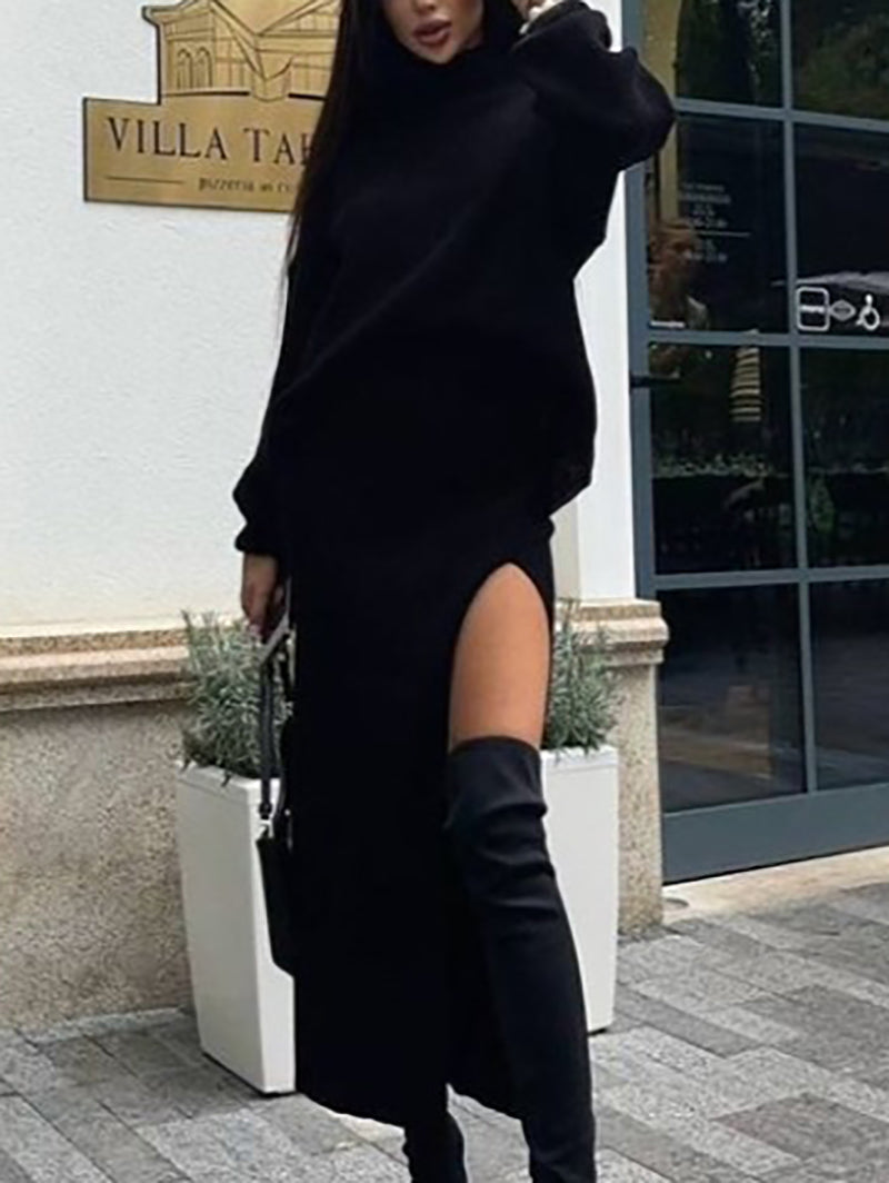 Fashion Turtleneck Pullover Top Slit Skirt Set