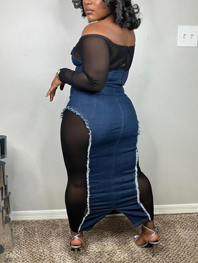 Sheer Mesh Patchwork Denim Skirt Sets