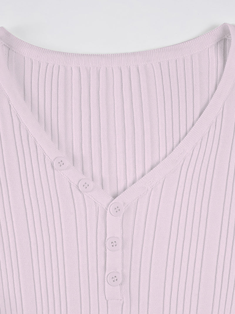 Casual V Neck Rib Knit Long Sleeve Slim T shirt