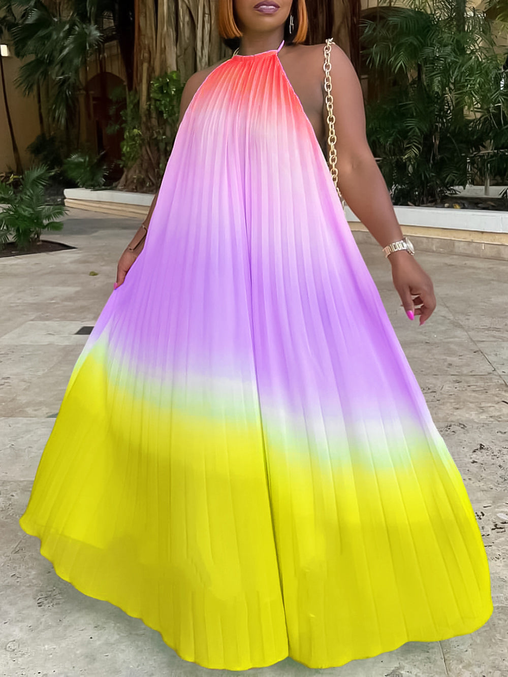 Sexy Gradient Color Halter Pleated Loose Dress