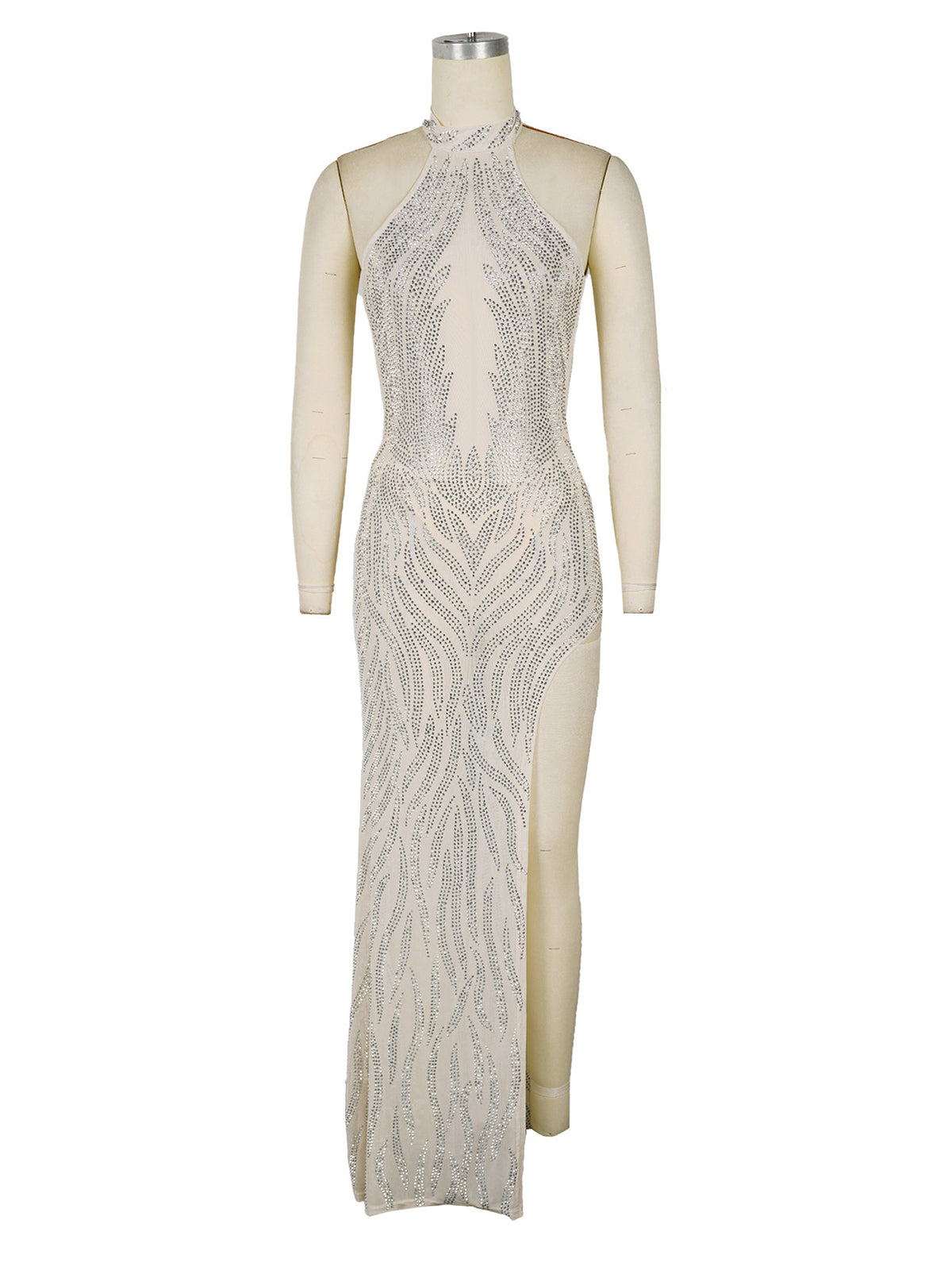 Sexy Rhinestone Embellished Mesh Sheer Slit Maxi Dress