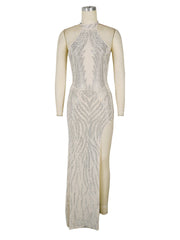 Sexy Rhinestone Embellished Mesh Sheer Slit Maxi Dress