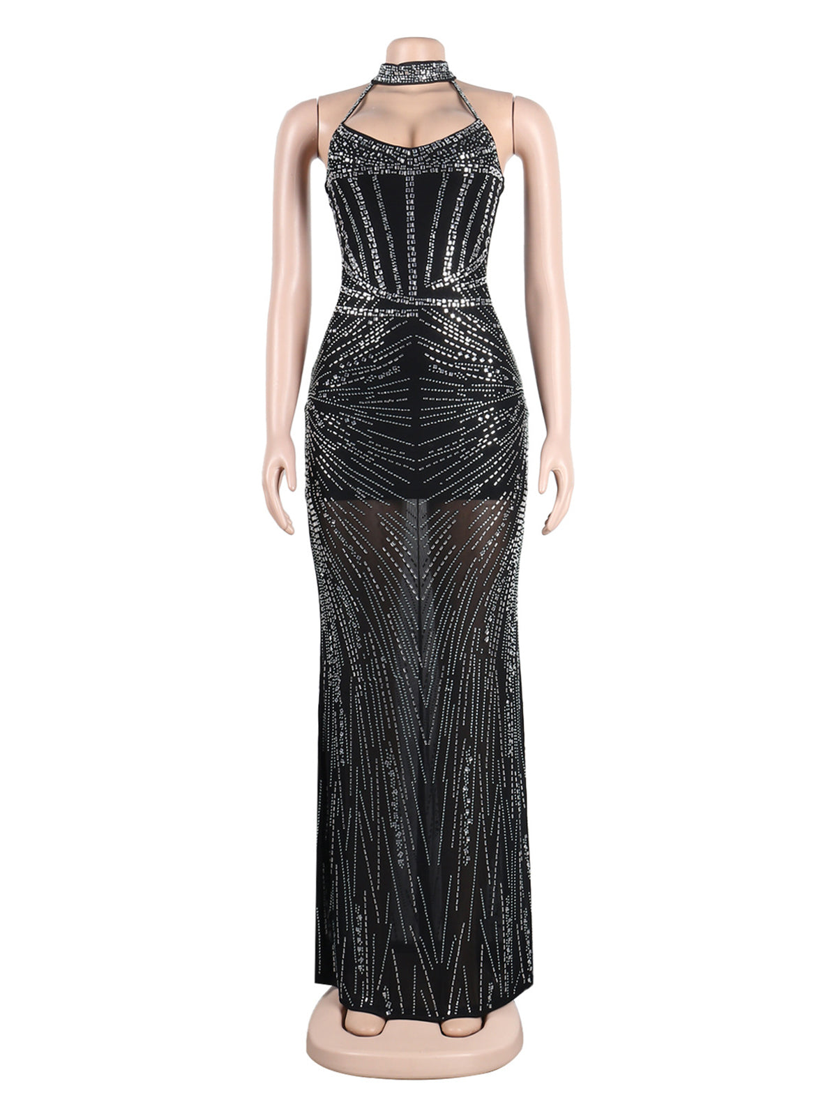 Sexy Halter Rhinestone See-Through Maxi Dress