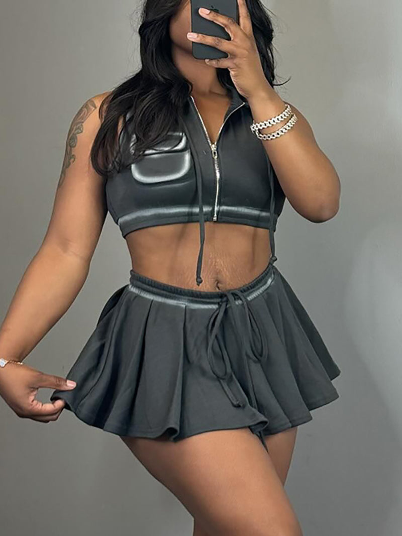 Sleeveless Zipper Crop Top and Pleated Mini Skirt Set