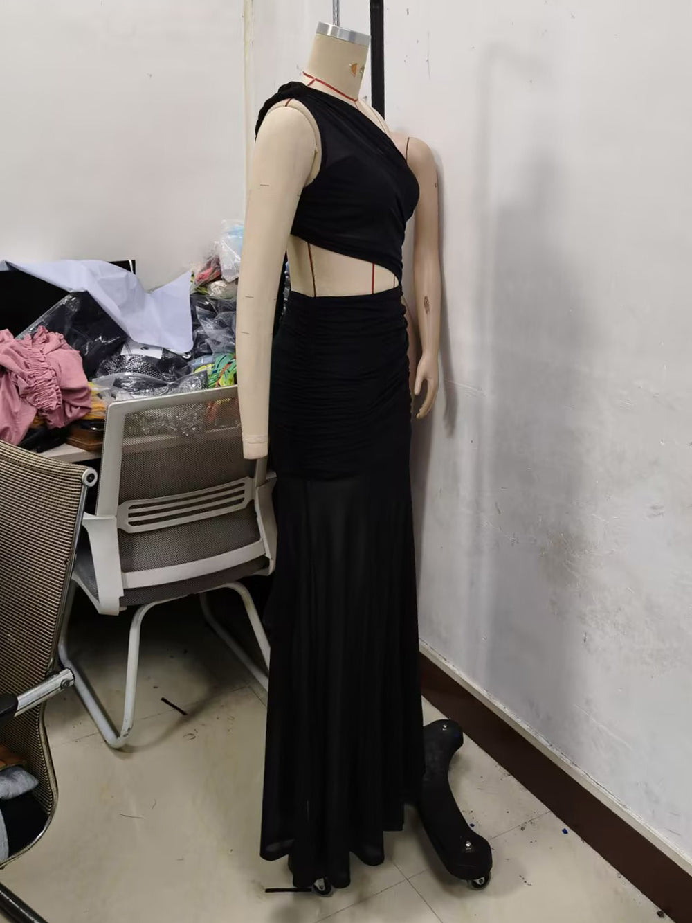Sexy Single Shoulder Backless Sheer Mesh Maxi Dress