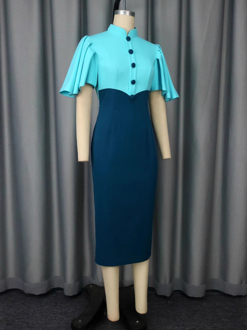 Color Block Patchwork Ruffles Sleeve Bodycon Midi Dress