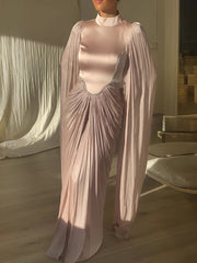 Rhinestone Embellished Cape Ruched Maxi Dress